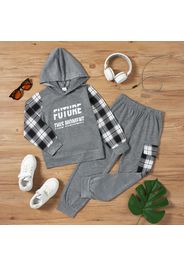 2pcs Kid Boy Letter Print Plaid Colorblock Hooded Sweatshirt and Pocket Design Pants Set