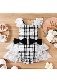 Baby Girl Black and White Tweed Splicing Lace Bowknot Sleeveless Romper