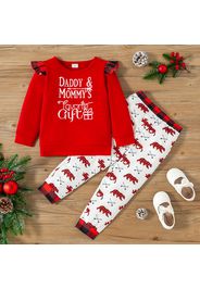 2-piece Toddler Girl Christmas Letter Print Ruffled Red Top and Plaid Animal Print Pants Set