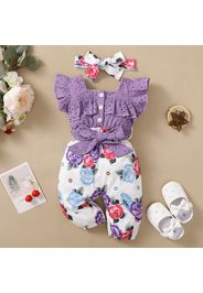 2pcs Baby Girl 100% Cotton Solid Eyelet Embroidered Square Neck Flutter-sleeve Splicing Floral Print Jumpsuit with Headband Set