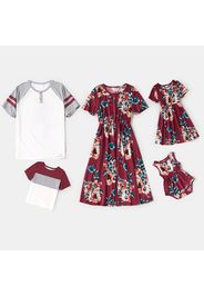 Floral Print Short-sleeve Family Matching Burgundy Sets