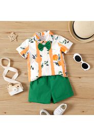 2pcs Baby Boy 100% Cotton Shorts and All Over Fruit Print Short-sleeve Bow Tie Shirt Set