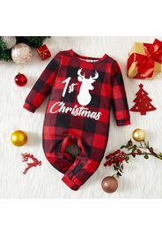 Christmas Baby Girl / Boy Deer & Letter Print Plaid Long-sleeve Jumpsuit