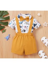2pcs Baby Boy All Over Dinosaur Print Short-sleeve Gentleman Bow Tie Romper and Solid Suspender Shorts Set