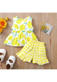 2pcs Baby Girl Allover Lemon Print Tank Top and Plaid Ruffle Trim Shorts Set