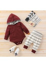 2pcs Solid Long-sleeve Hooded Romper and Stripe Trouser Baby Set