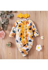 2pcs Baby All Over Sunflower Floral Print Long-sleeve Ruffle Snap-up Jumpsuit Set