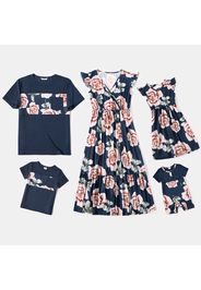 Family Matching Floral Print Cross Wrap V Neck Flutter-sleeve Dresses and Splicing Short-sleeve T-shirts Sets