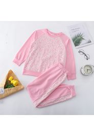 2-piece Kid Girl Lace Design Raglan Sleeve Pink Top and Elasticized Pants Set