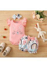 3pcs Baby Girl 95% Cotton Flutter-sleeve Cartoon Cat Print Romper and Bow Front Shorts with Headband Set