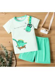 2pcs Toddler Boy Animal Dinosaur Print Lapel Collar Short-sleeve Shirt and Green Shorts Set