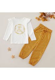 2-piece Kid Girl Letter Floral Print Ruffled Long-sleeve Tee and Polka Dots Bowknot Paperbag Pants Set