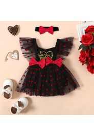 Mother's Day 2pcs Baby Girl Letter Print All Over Love Heart Black Mesh Sleeveless Romper Dress with Headband Set