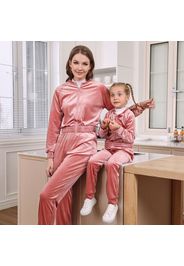 Pink Velvet Long-sleeve Zip Jacket with Pants Sets for Mom and Me