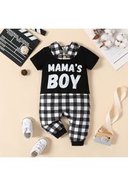 Baby Boy 95% Cotton Short-sleeve Faux-two Letter Print Plaid Jumpsuit