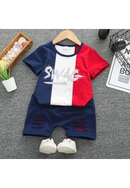 2pcs Toddler Boy Trendy Letter Print Colorblock Tee and Ripped Shorts Set