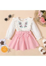 100% Cotton 2pcs Baby Girl Floral Embroidered Ruffle Trim Long-sleeve Top and Belted Skirt Set