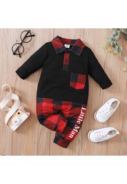 Baby Boy Red Plaid Letter Print Long-sleeve Splicing Jumpsuit