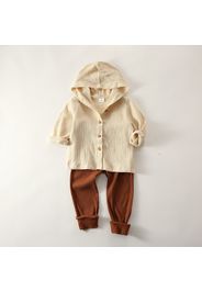 2-piece Toddler Boy Button Design Bubble Crepe Button Design Hooded Shirt and Ribbed Pants Set