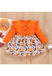 Halloween Pumpkin Print Long-sleeve Ruffle Baby Dress