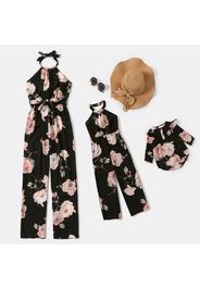 All Over Floral Print Black Halter Neck Sleeveless Belted Jumpsuit for Mom and Me