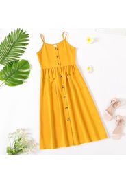 Kid Girl Solid Color Button Design Pocket Design Cami Maxi Dress