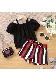 2pcs Toddler Girl Off Shoulder White Strap Tee and Stripe Belted Shorts Set