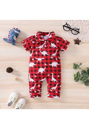 Baby Boy Allover Dinosaur Print Plaid Short-sleeve Jumpsuit