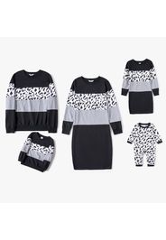 Family Matching Leopard Splicing Black Casual Long-sleeve Dresses and Tops Sets