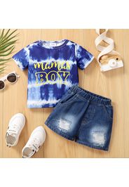 2pcs Baby Boy Letter Print Tie Dye Short-sleeve T-shirt and Ripped Denim Shorts Set