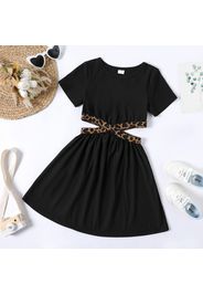 Kid Girl Leopard Print Crisscross Hollow out Short-sleeve Black Dress