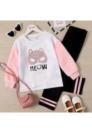 2-piece Kid Girl Letter Cat Print Fuzzy Sleeve Sweatshirt and Striped Pants Set