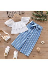 2pcs Toddler Girl Flutter-sleeve Square Neck White Blouse and Stripe Belted Denim Pants Set