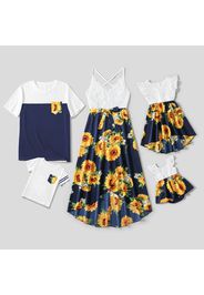 Family Matching Lace Splicing Sunflower Floral Print Tulip Hem Sleeveless Dresses and Short-sleeve T-shirts Sets