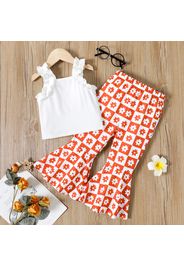 2pcs Toddler Girl Ruffled Ribbed White Camisole and Floral Print Flared Pants Set