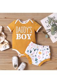 2pcs Baby Boy Letter Print Ribbed Short-sleeve Romper and All Over Dots Shorts Set