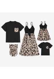 Leopard Print Series Family Matching Sets(Sling V-neck Dresses for Mom and Girl ; T-shirts with Pocket for Dad and Boy)