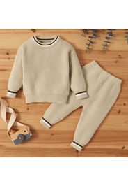 100% Cotton 2pcs Solid Stripe Decor Knitted Long-sleeve Baby Set