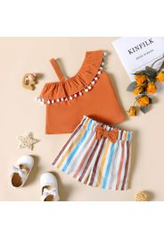 2pcs Toddler Girl Flounce Pompom Design One Shoulder Strap Top and Bowknot Design Stripe Shorts Set