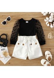 2pcs Baby Girl Polka Dots Mesh Long-sleeve Spliced Rib Knit Top and Bow Front Shorts Set