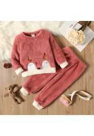 2-piece Toddler Girl Animal Embroidered Fuzzy Sweatshirt and Pants Set