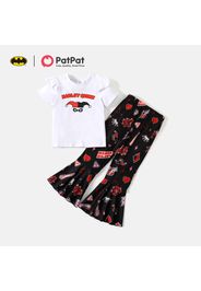 Batman 2-piece Kid Girl Letter Print Ruffled Short-sleeve Cotton Tee and Allover Print Flared Pants Set