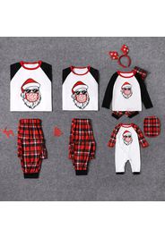 Christmas Santa Claus Wearing Mask Print Family Matching Long-sleeve Red Plaid Pajamas Sets (Flame Resistant)