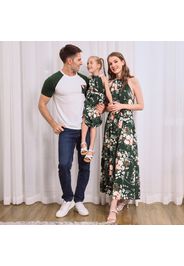 Green Floral Print Family Matching Sets（Halter Neck Maxi Dresses and Short-sleeve T-shirts）