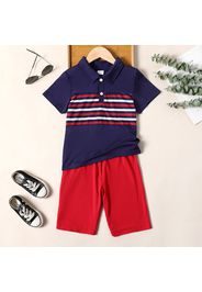 Independence Day 2pcs Kid Boy Striped Short-sleeve Polo Shirt and Red Shorts Set