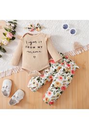 3pcs Baby Girl 95% Cotton Long-sleeve Letter Embroidered Rib Knit Romper and Allover Floral Print Pants with Headband Set