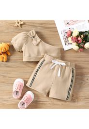 2pcs Toddler Girl Bowknot Design One Shoulder Tee and Letter Print Waffle Shorts Set