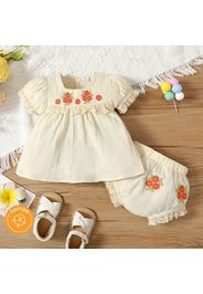 100% Cotton 2pcs Baby Girl Floral Embroidered Square Neck Lace Puff-sleeve and Shorts Set