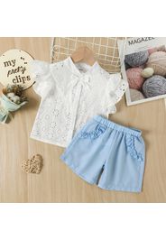 Mini Lady Toddler Girl 2pcs 100% Cotton Floral Embroidery Flutter-sleeve White Top and Blue Shorts Set