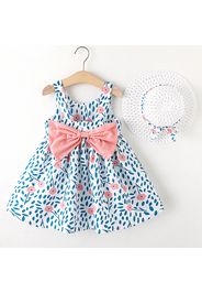 2pcs Toddler Girl Floral Print Bowknot Design Sleeveless Dress and Straw Hat Set